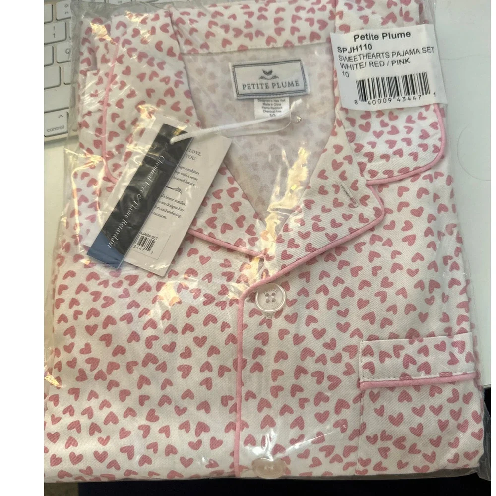 Petite Plume Sweethearts Classic Pajama Set White, Red, Pink Girls Size 10 New